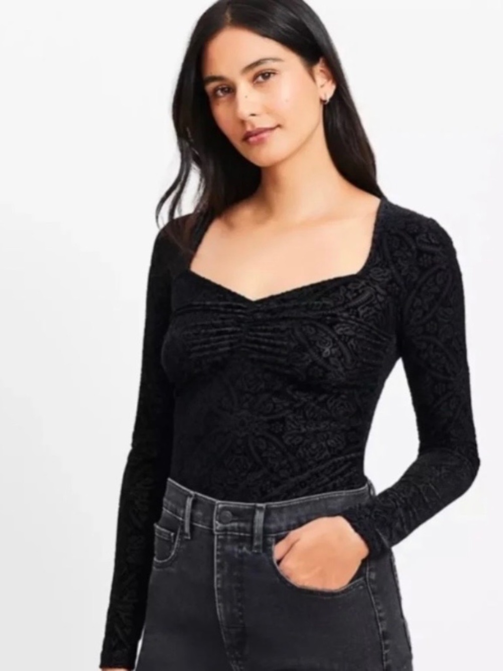 Loft Black Velvet Long Sleeve Top